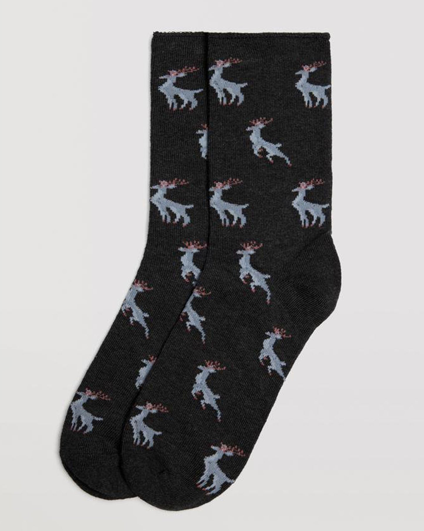 Ysabel Mora 12880 Reindeer Socks - Dark grey cotton socks with an all over reindeer pattern in pale blue and dark red, shaped heel, flat toe seam and no cuff edge roll.