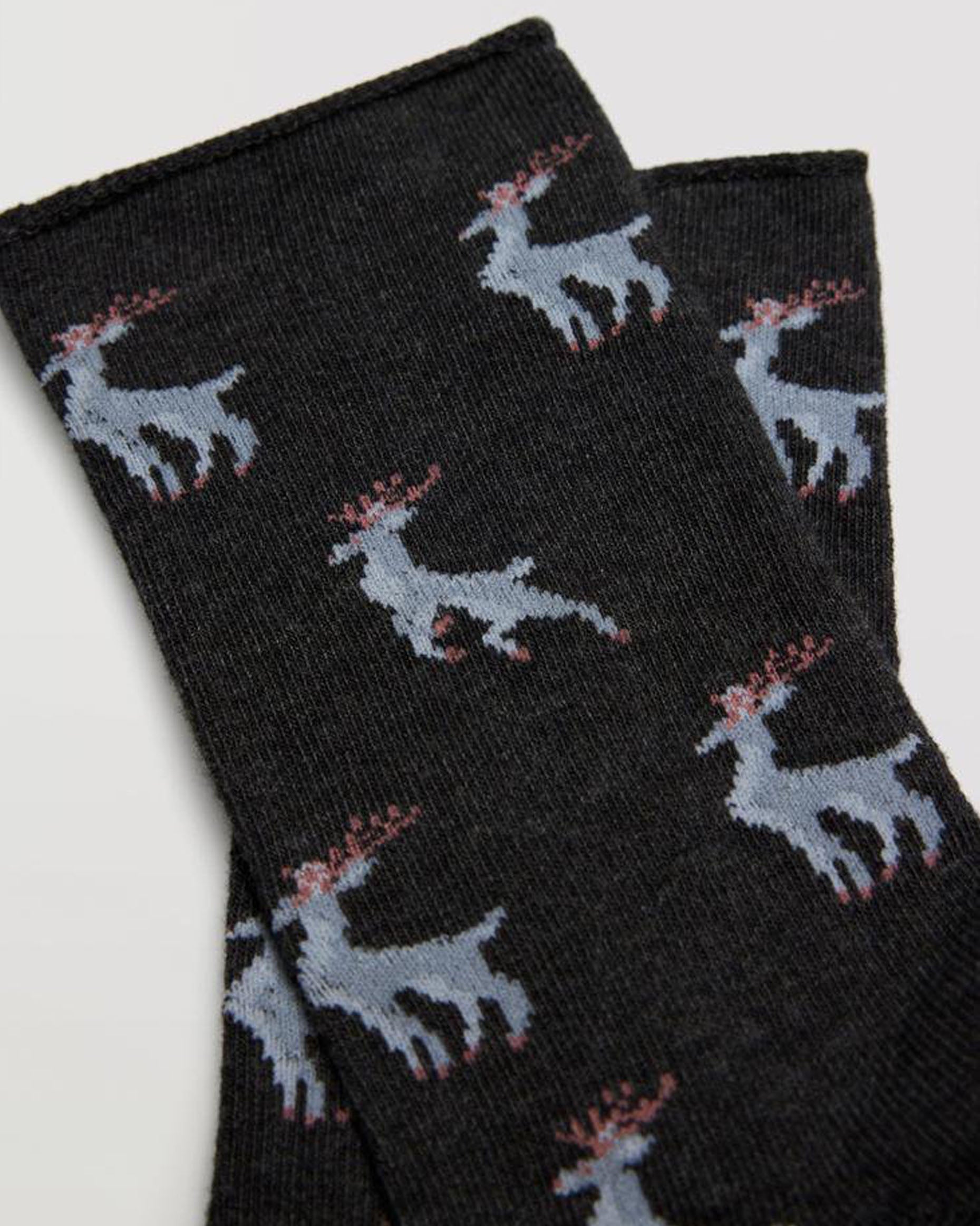 Ysabel Mora 12880 Reindeer Socks - Dark grey cotton socks with an all over reindeer pattern in pale blue and dark red, shaped heel, flat toe seam and no cuff edge roll.