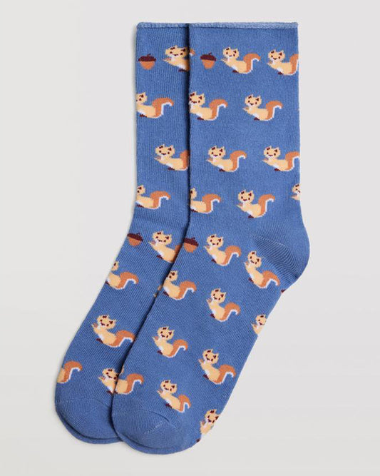 Ysabel Mora 12880 Squirrel Sock - Blue cotton socks with an all over squirrel and acorn pattern in peach and rust, shaped heel, flat toe seam and no cuff edge roll.