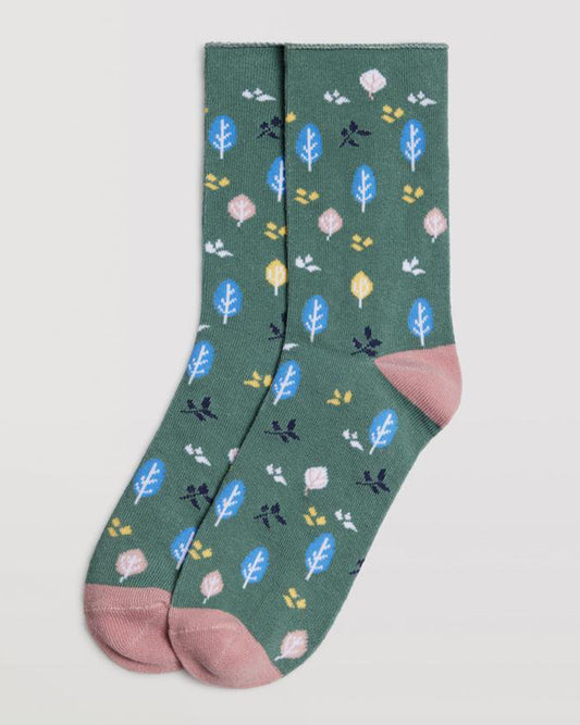 Ysabel Mora 12881 Leaf Sock - Sage green cotton socks with an all over assorted leaf style pattern in sky blue, pale pink, yellow, navy and white, pale pink toe and heel no cuff.