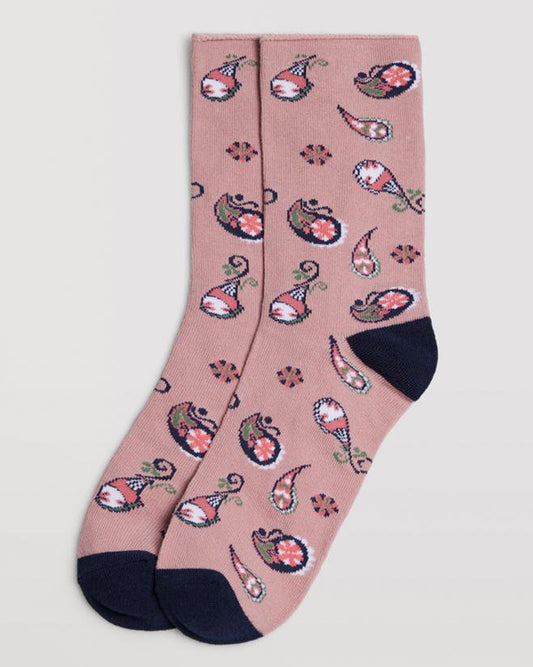 Ysabel Mora 12881 Paisley Socks - Pale pink cotton socks with an all over paisley style pattern in navy, sage green and white, navy heel and toe and no cuff.