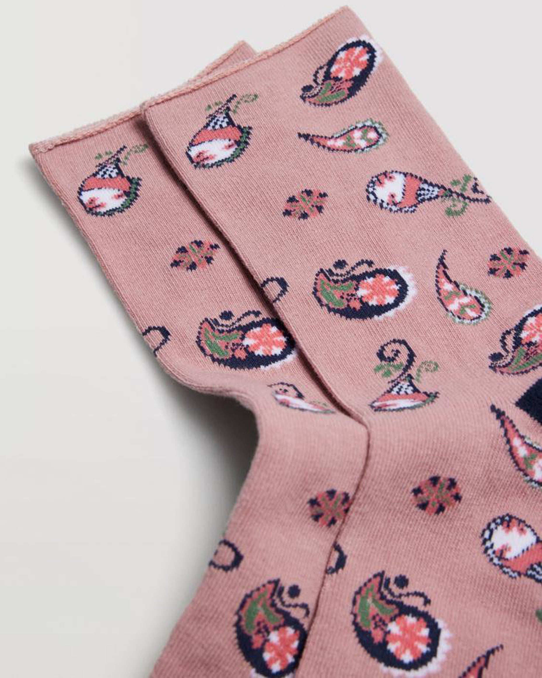 Ysabel Mora 12881 Paisley Socks - Pale pink cotton socks with an all over paisley style pattern in navy, sage green and white, navy heel and toe and no cuff.