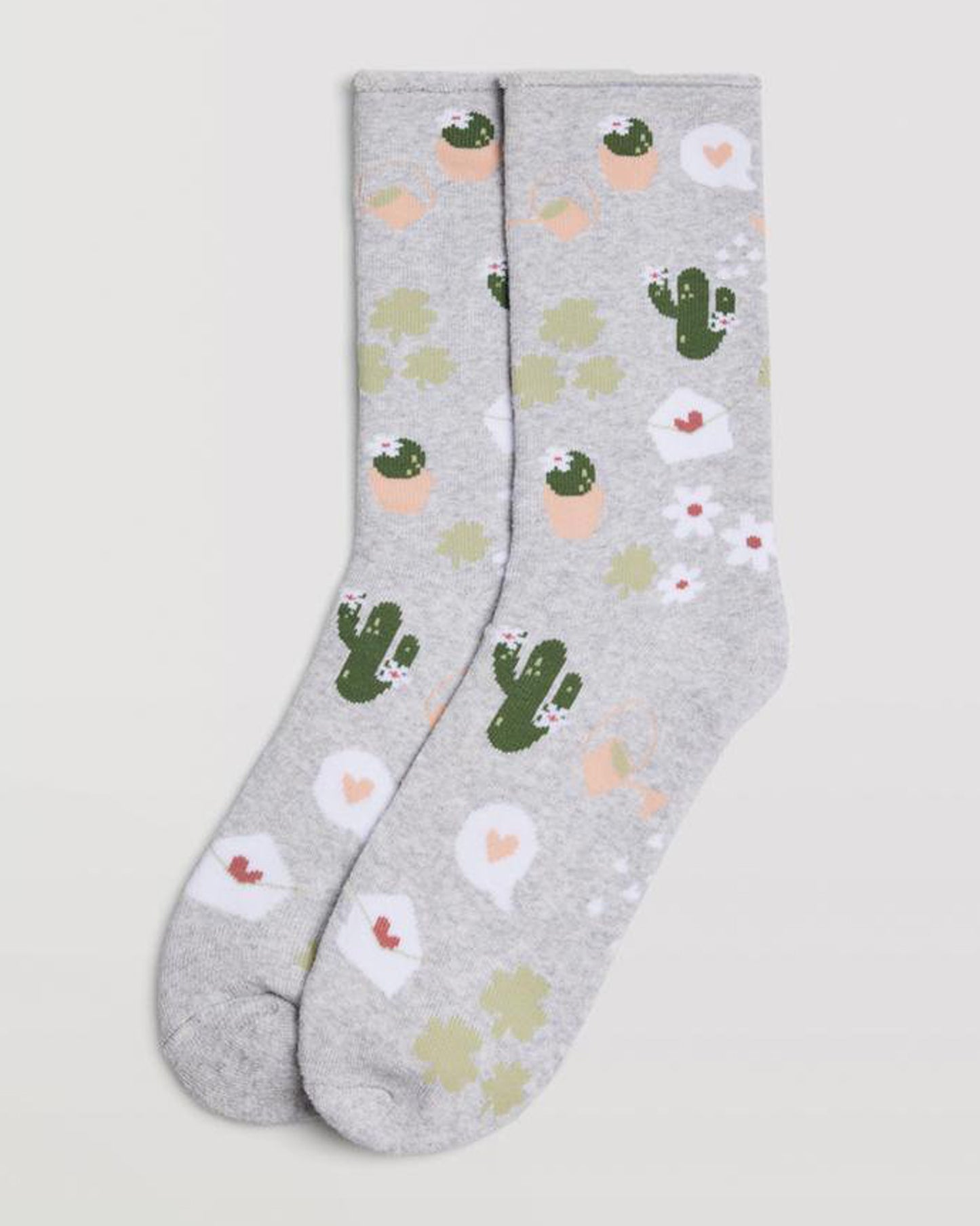  Ysabel Mora 12885 Gardener Sock - Light grey cotton thermal socks with a terry lining and all over gardener themed pattern in shades of green, pink, peach and white, shaped heel and no cuff comfort top.