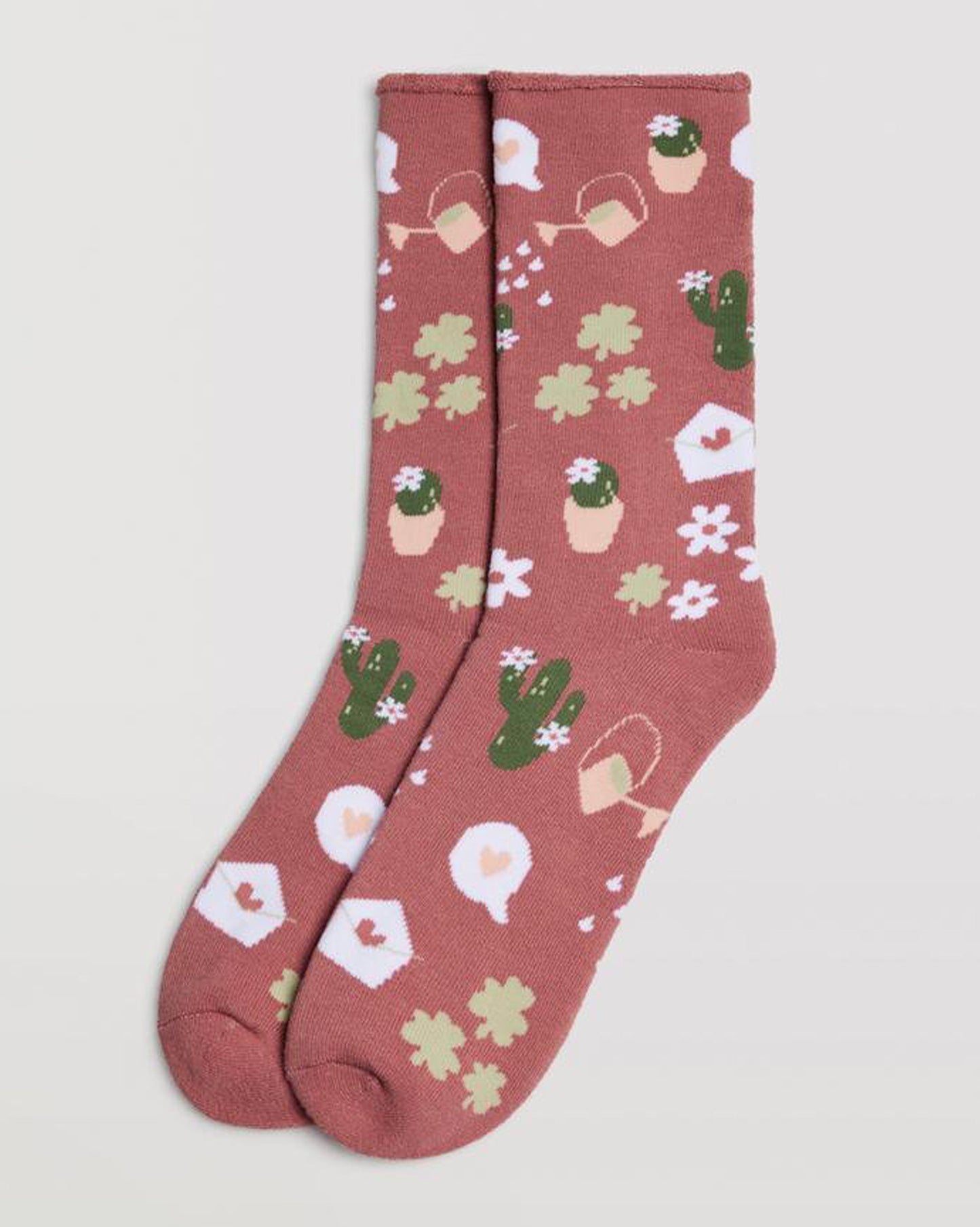 Ysabel Mora 12885 Gardener Sock - Dark pink cotton thermal socks with a terry lining and all over gardener themed pattern in shades of green, pink, peach and white, shaped heel and no cuff comfort top.