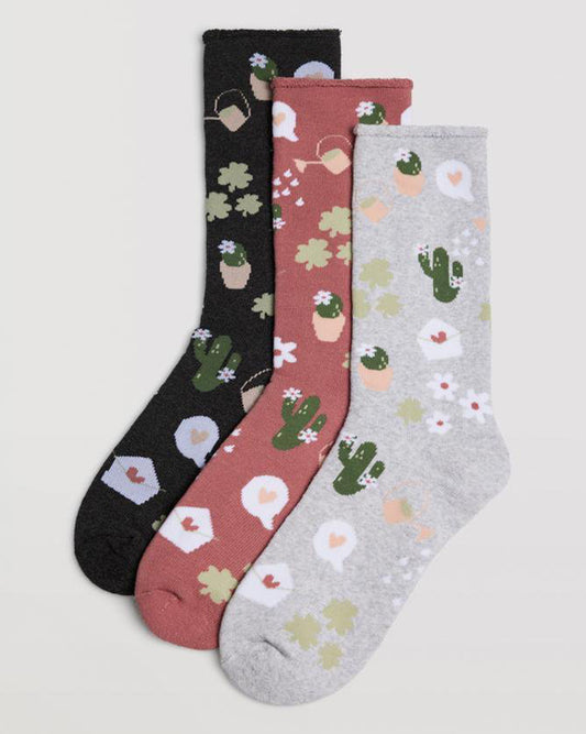 Ysabel Mora 12885 Gardener Sock - Cotton thermal socks with a terry lining and all over gardener themed pattern in shades of green, pink, peach and white, shaped heel and no cuff comfort top.