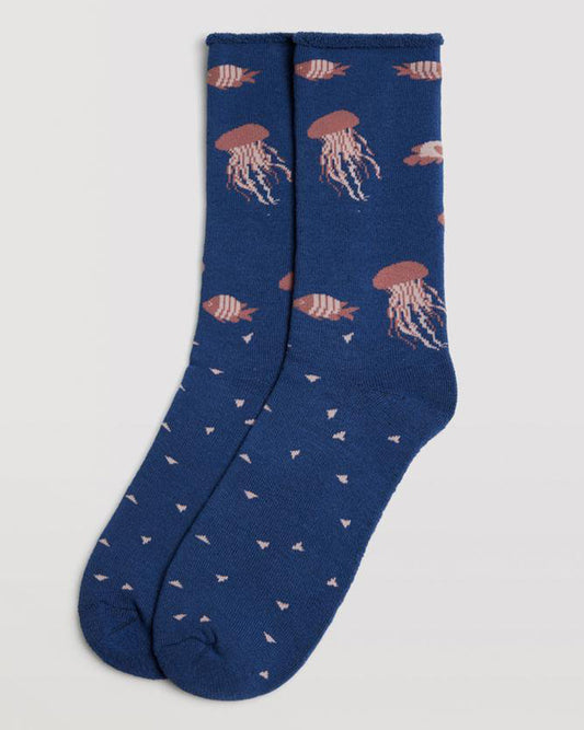 Ysabel Mora 12886 Jellyfish Sock - Terry lined navy blue cotton thermal socks with a sea creatures pattern of fish and jellyfish in shades of pink, shaped heel and no cuff comfort top.