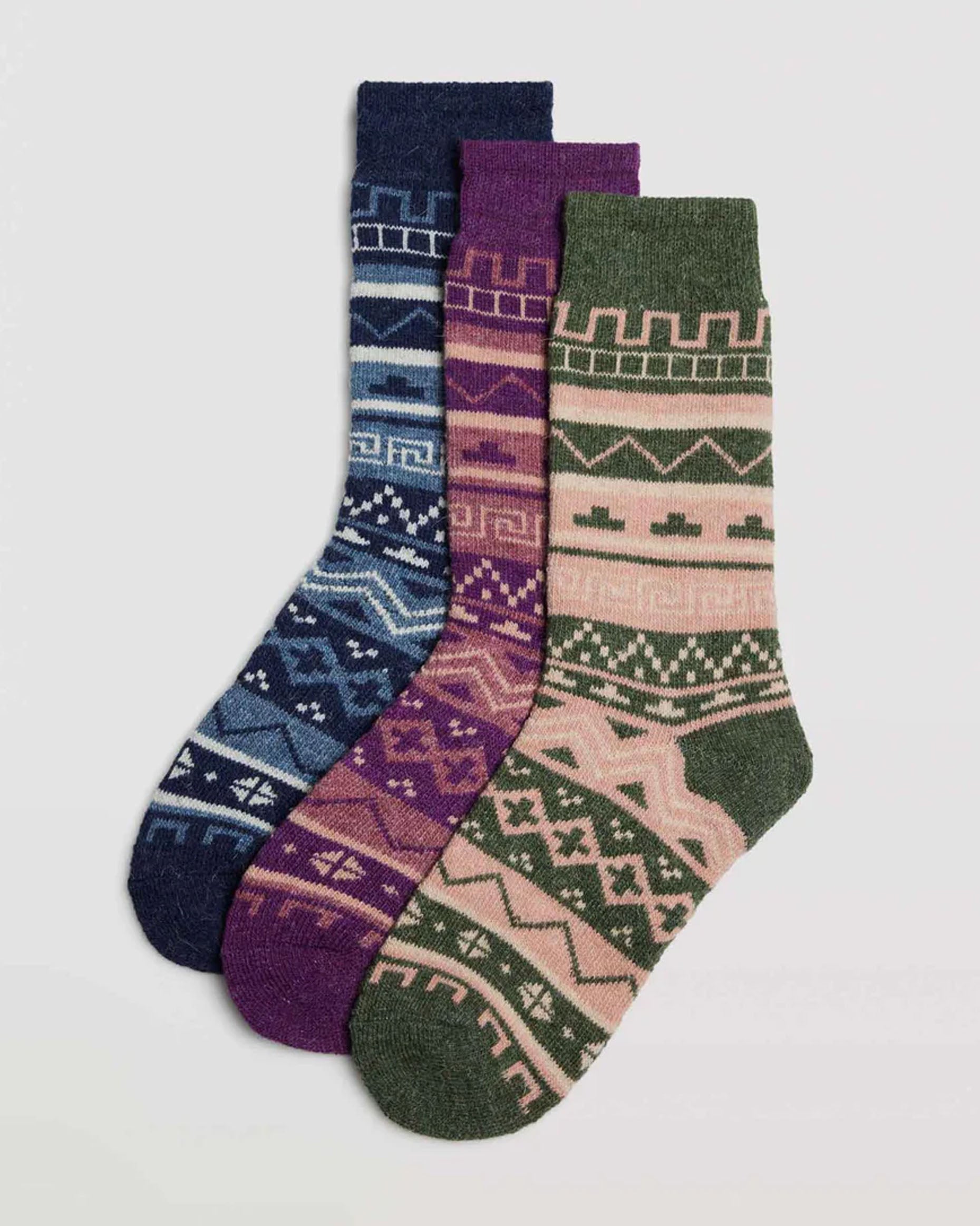 Ysabel Mora 12888 Aztec Socks - Warm wool and angora mix thermal socks with an Aztec style pattern. Available in blue, green and purple/pink