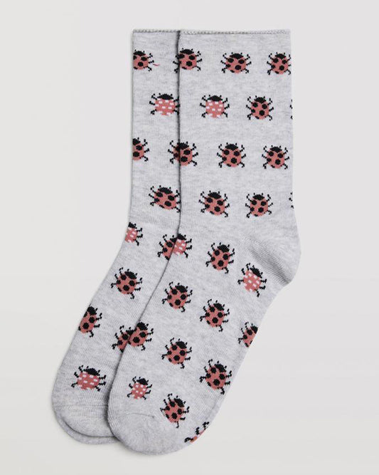 Ysabel Mora 12889 Ladybird Socks - Light grey cotton socks with an all over ladybird pattern in red and black, shaped heel, flat toe seam and no cuff edge roll.