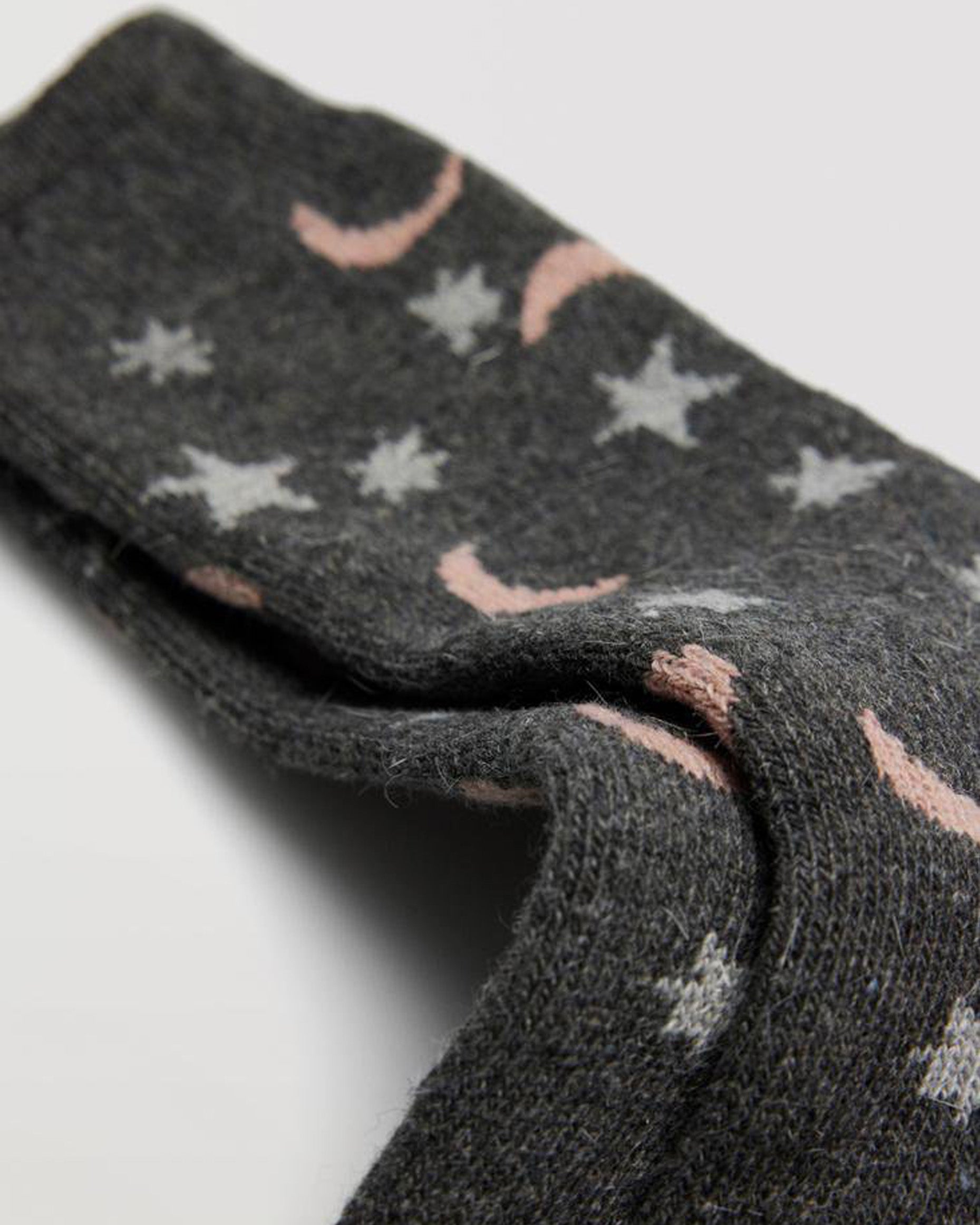 Ysabel Mora 12889 Stars & Moon Socks - Warm wool and angora mix dark grey thermal socks with a moon and star pattern in pale peach and light grey, shaped heel and deep elasticated comfort top.