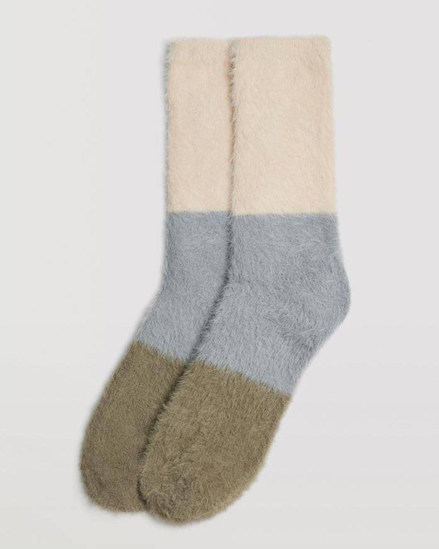 Ysabel Mora 12898 Fluffy Tricolour Socks - Soft and fluffy socks with 3 panels of colour, anti-pressure cuff in beige/grey/khaki green