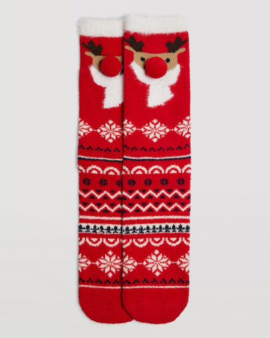 Ysabel Mora 12903 Reindeer Slipper Socks - Red cotton slipper socks featuring Rudolf motif with a red pompom nose, white Fairisle pattern of snowflakes, circles and zig-zags, with a fluffy with cuff trim and anti-slip gripper sole in a gift box.
