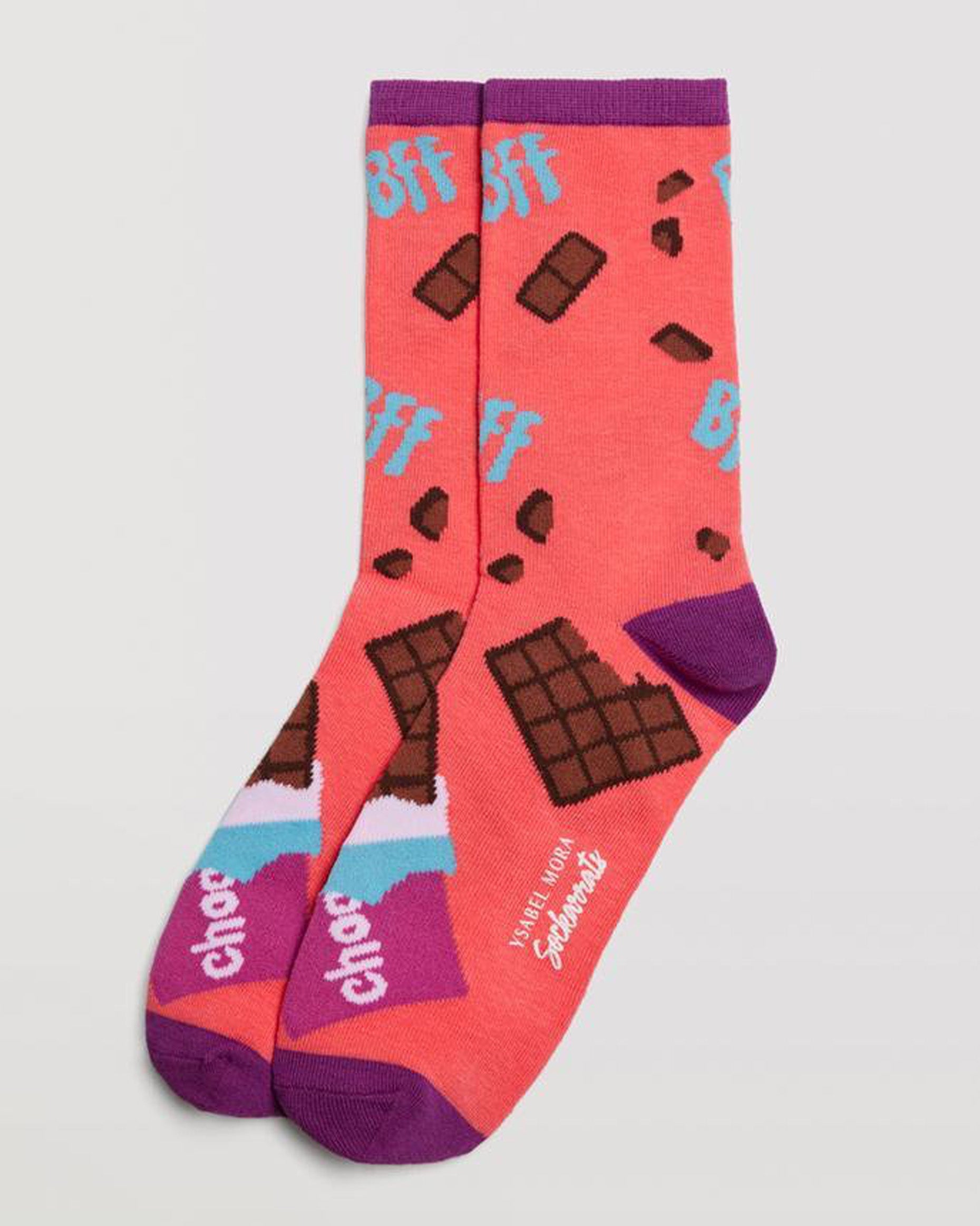 Ysabel Mora 12905 Chocolate Bar Socks - Bright coral coloured cotton socks with an all over pattern of chocolate bars pattern in brown, turquoise, purple and black, purple toe, heel and cuff.