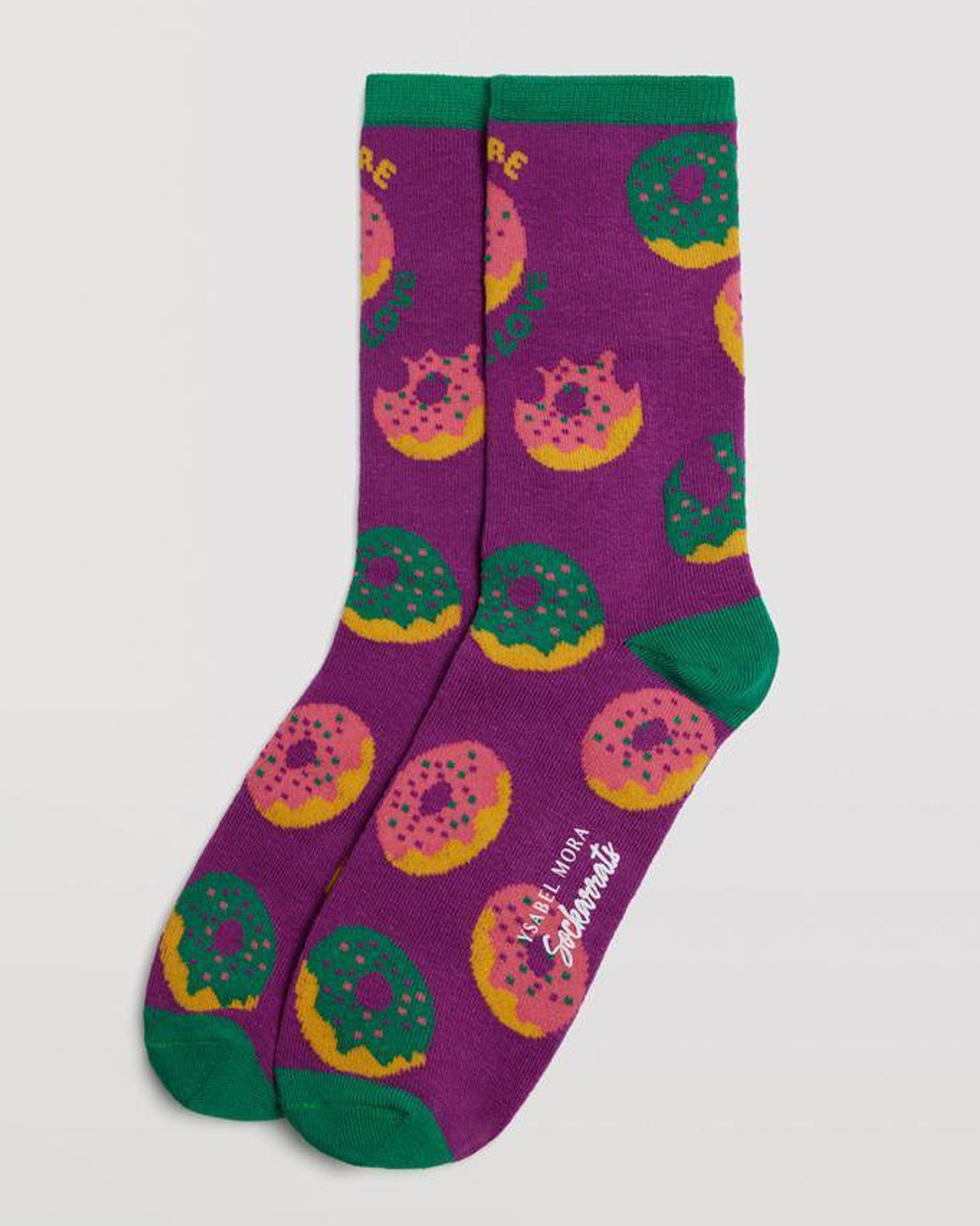 Ysabel Mora 12905 Donut Sock - Purple cotton socks with an all over pattern of ring donuts with sprinkles in green, pink and mustard, green toe, heel and cuff.
