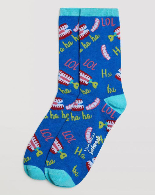 Ysabel Mora 12905 Joke Socks - Blue cotton socks with an all over pattern of wind up joke teeth, the text "LOL" and "ha ha ha" in red, pink, white and lime green, turquoise toe, heel and cuff.