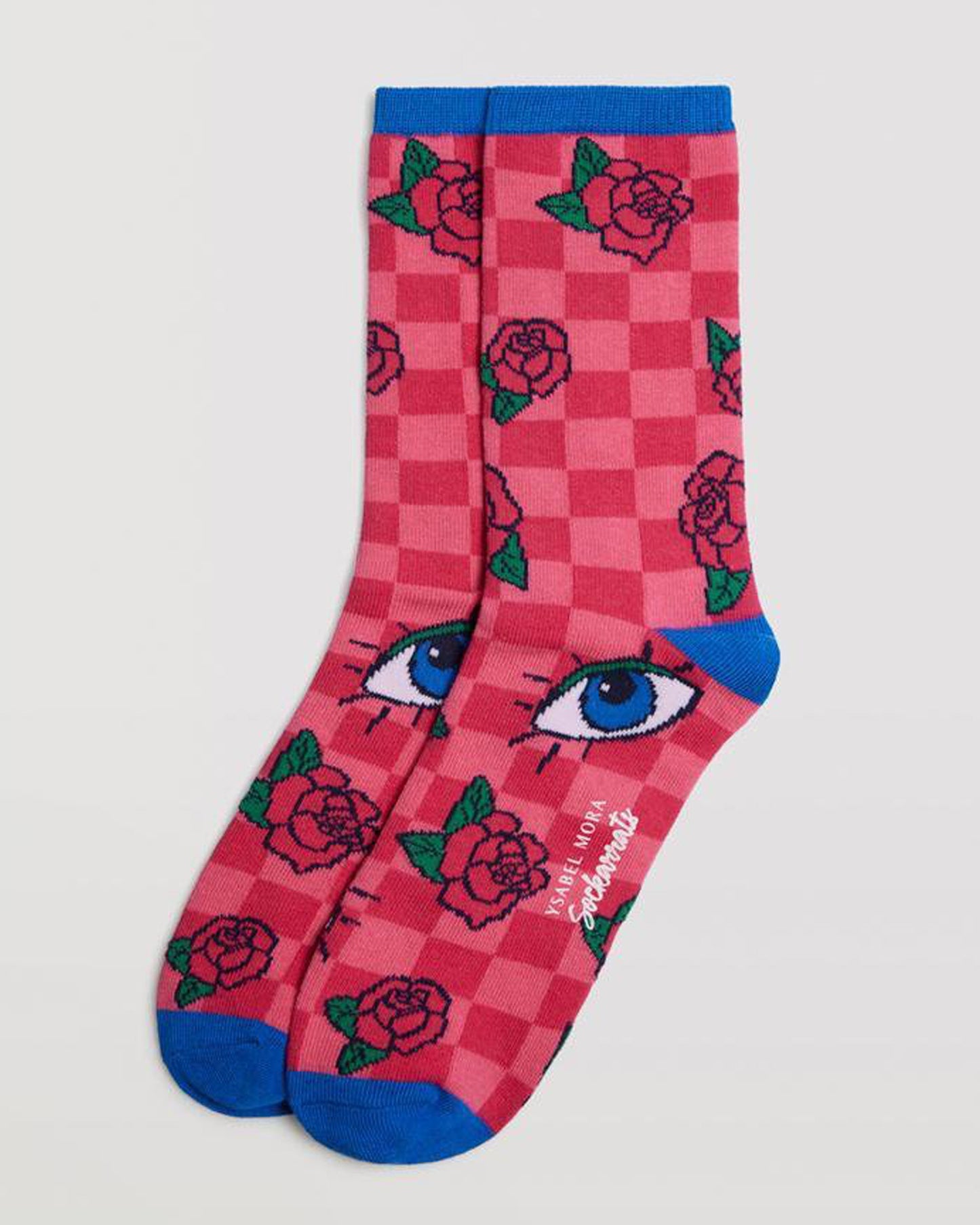 Ysabel Mora 12906 Checkered Rose Socks - Two toned pink cotton crew length ankle socks with a rose and eyes pattern, blue cuff, toe and heel.