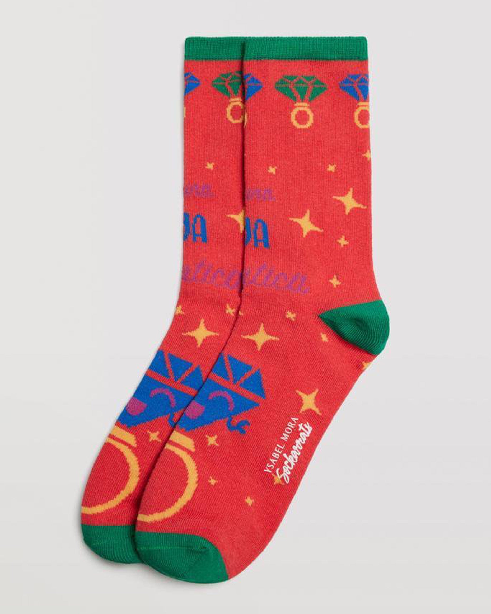 Ysabel Mora 12906 Diamond Ring Socks - Bright red cotton crew length socks with a multicoloured diamond ring pattern around the cuff, smiling diamond ring motif on the foot and stars, green cuff, toe and heel. 
