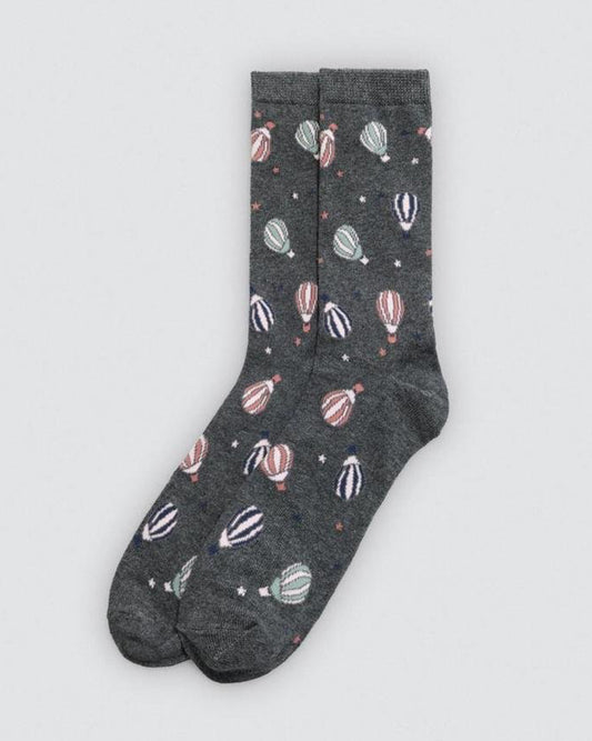 Dark gray socks with hot air balloon pattern on a light gray background