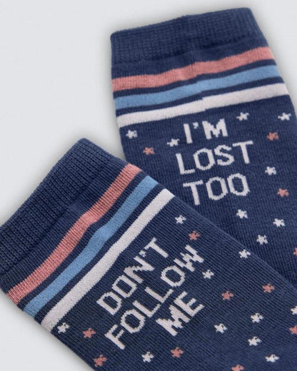Navy blue socks with text 'I'm Lost Too' and 'Don't Follow Me' on a light gray background