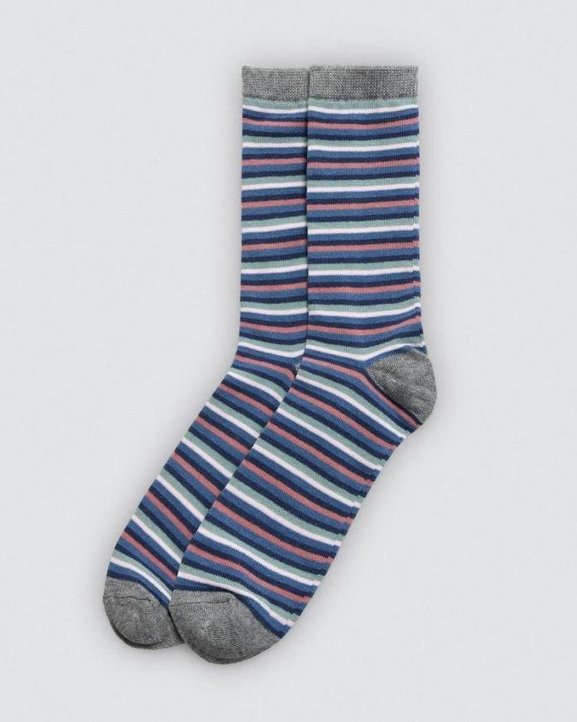 Striped sock with blue, pink, and gray colors on a light gray background