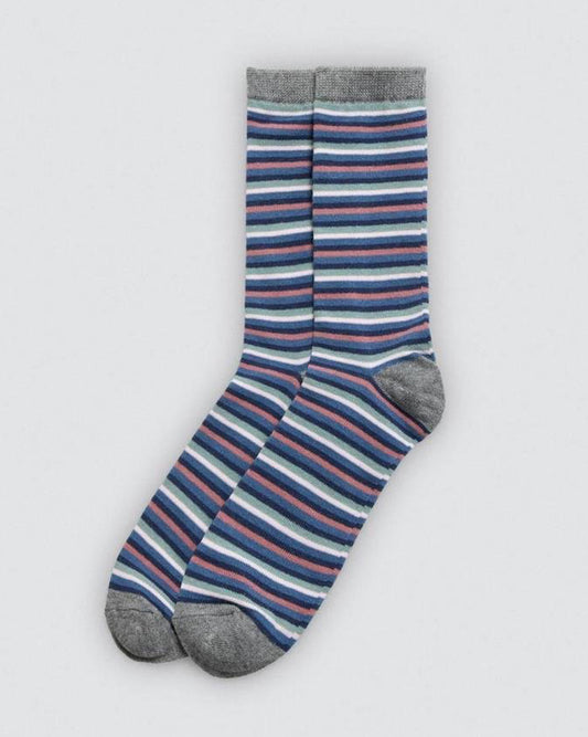 Striped sock with blue, pink, and gray colors on a light gray background