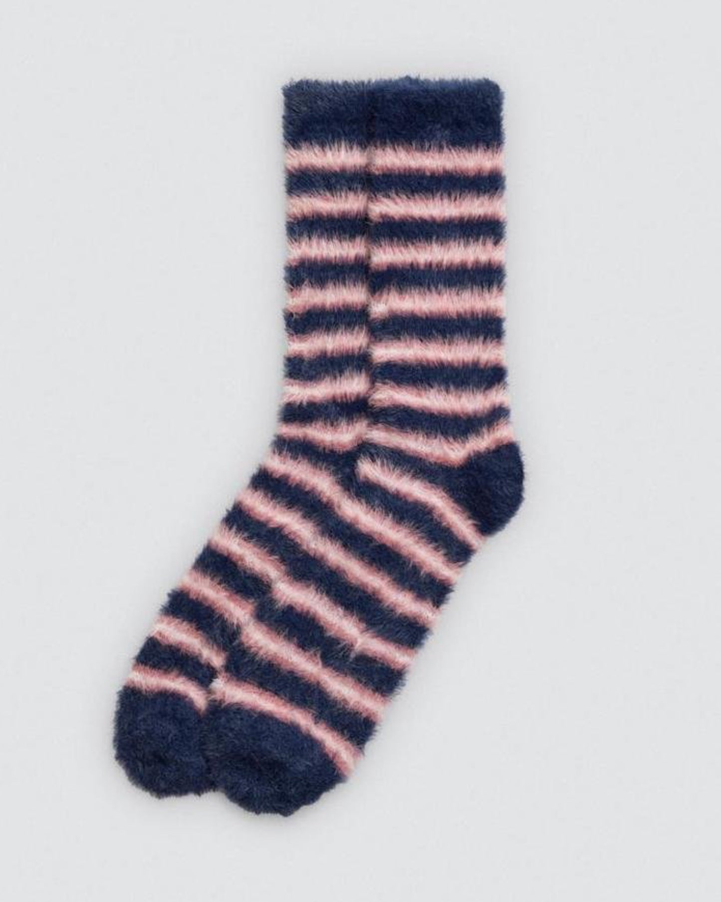 FluffynNavy and pink striped sock on a light grey background