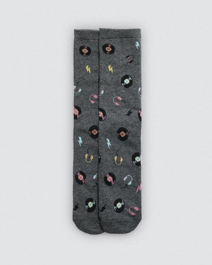Grey socks with a colourful vinyl records, headphones and lightning bolts pattern on a light grey background