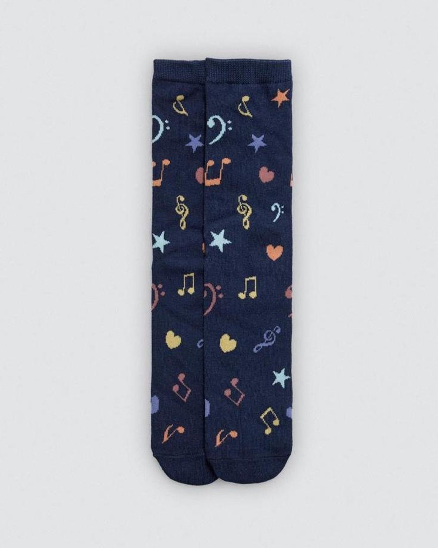 Navy blue socks with colourful musical note, stars and heart pattern on a light grey background