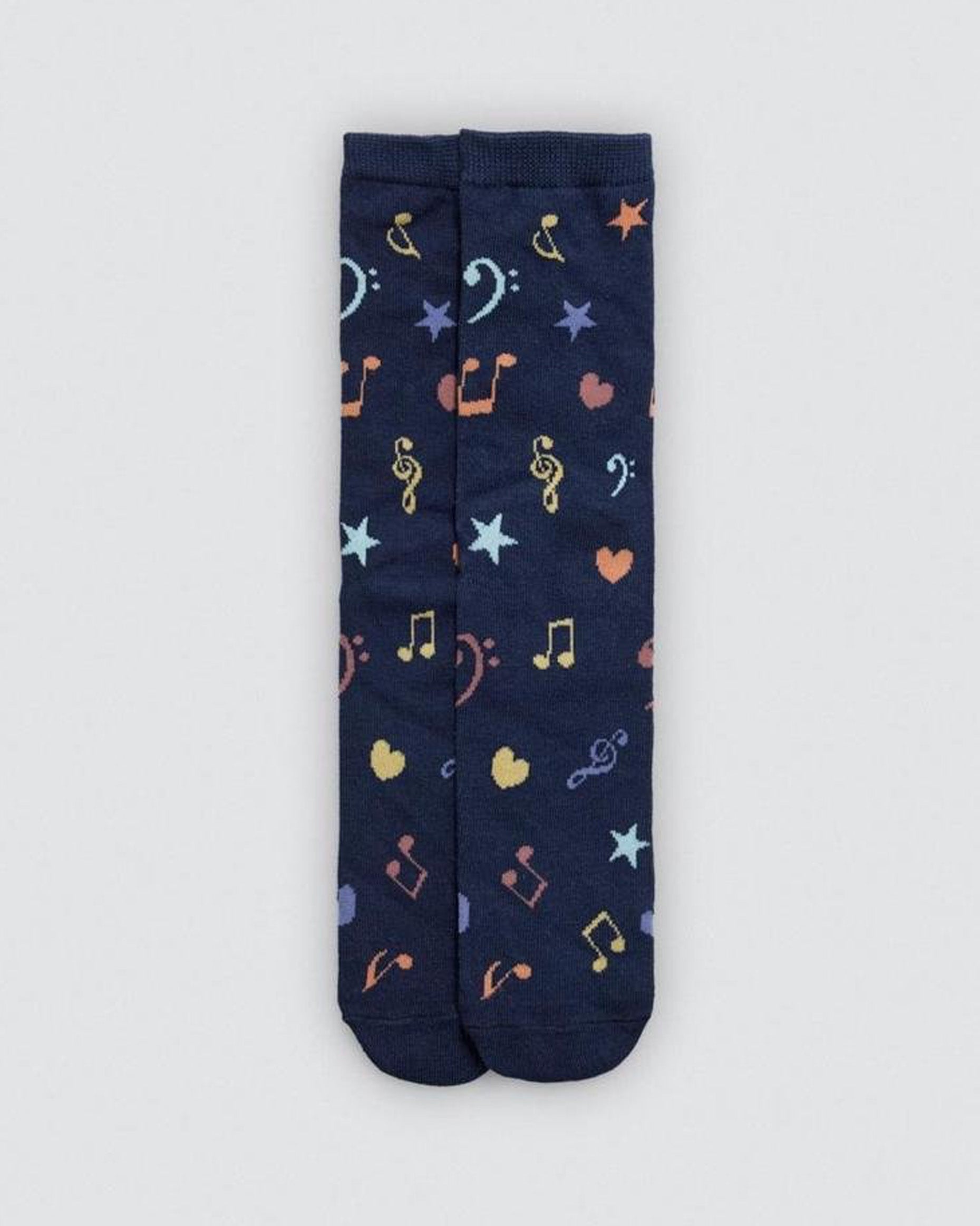 Navy blue socks with colourful musical note, stars and heart pattern on a light grey background