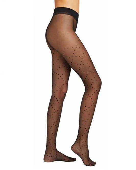 Ysabel Mora 16601 Spotted Diamond Tights - Sheer black micro tulle fashion tights with a woven dotted diamond pattern, gusset, flat seams and comfort waistband.