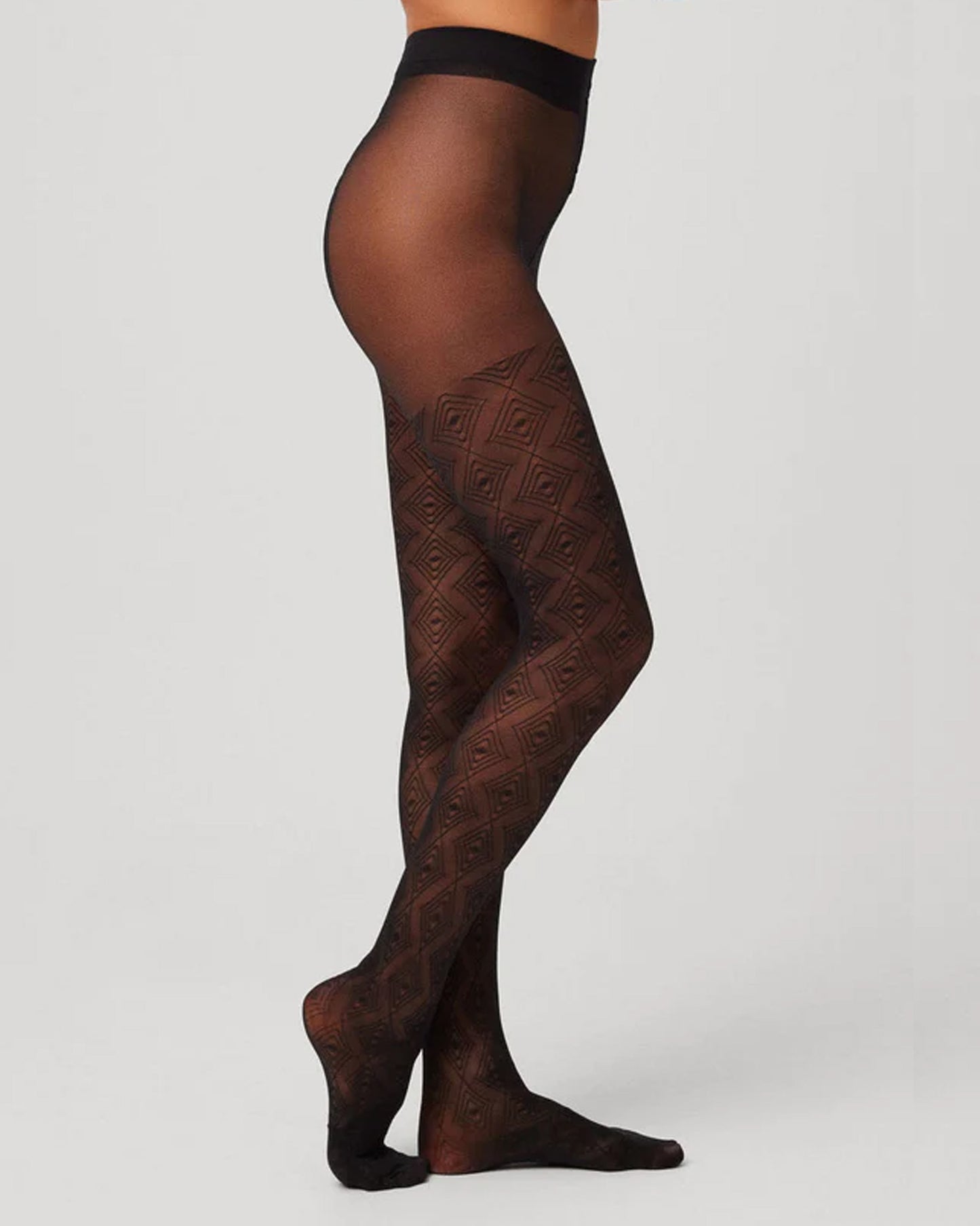 Ysabel Mora 16607 Diamond Tights - Sheer black fashion tights with an all over linear diamond pattern, plain top, flat seams, gusset and deep comfort waist band.