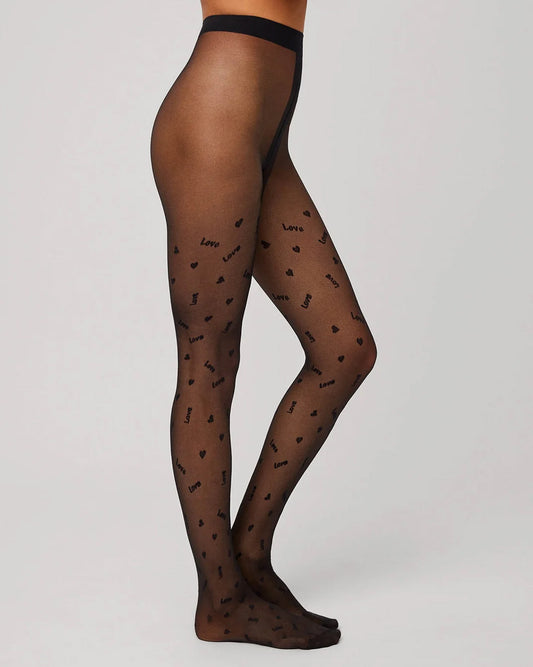Ysabel Mora 16608 Love Heart Tights - Sheer black fashion tights with an all over heart and "love" pattern, plain top, flat seams, gusset and deep comfort waist band.