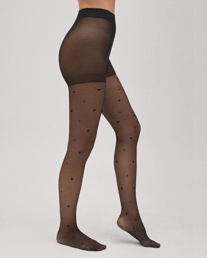 Sheer black fashion tights with a small woven heart and spot pattern and boxer top brief.