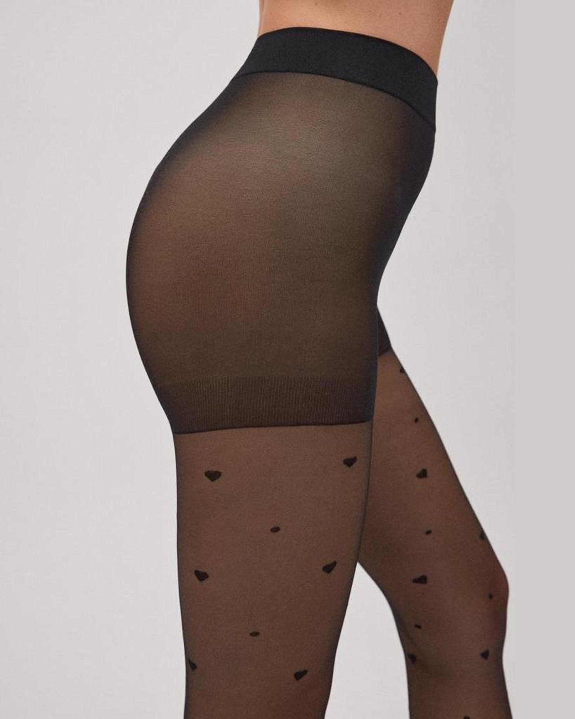 Ysabel Mora 16625 Heart & Spot Tights - Sheer black fashion tights with a small woven heart and spot pattern and boxer top brief.