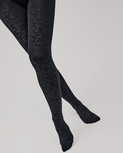 Black leopard print tights on a white background
