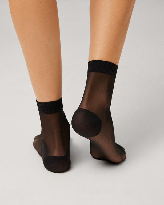 Ysabel Mora 18114 Sheer Reinforced Ankle Socks - Sheer black ankle sock with an opaque reinforced toe and heel and soft ribbed anti-pressure comfort cuff.