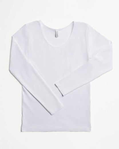 Ysabel Mora Long Sleeve Top - White soft and stretchy microfibre top with round neck and long sleeves, perfect for wearing as a base layer or on its own.