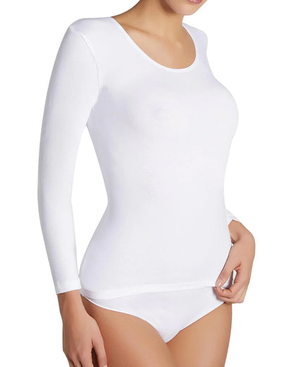 Ysabel Mora Long Sleeve Top - White soft and stretchy microfibre top with round neck and long sleeves, perfect for wearing as a base layer or on its own.