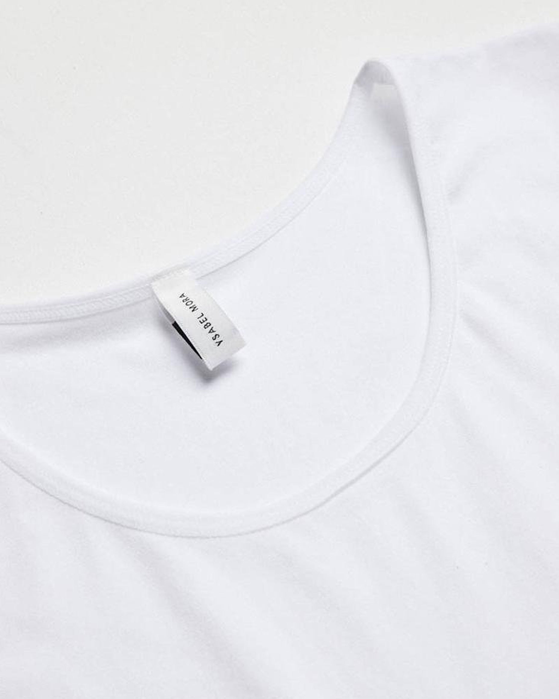 Ysabel Mora Long Sleeve Top - White soft and stretchy microfibre top with round neck and long sleeves, close up of crew neck.