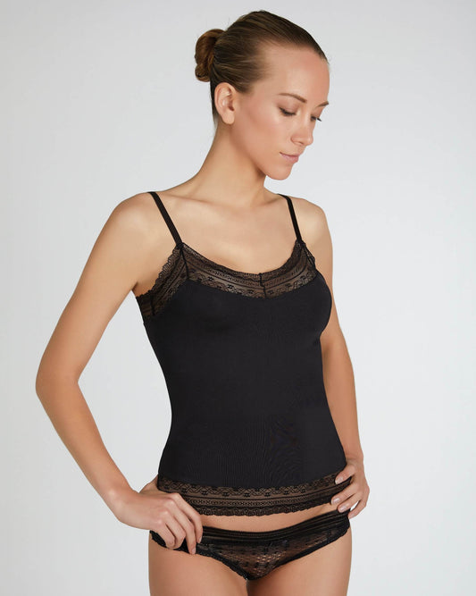 Ysabel Mora 19144 Romance Top - black stretch spaghetti string top with lace from, worn with matching briefs.