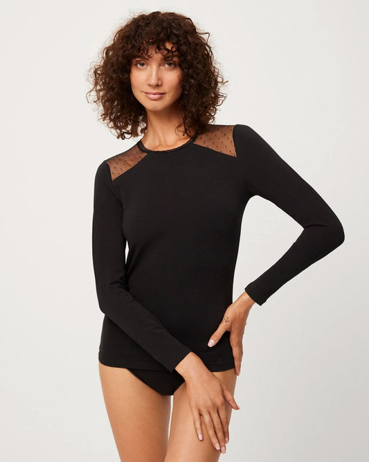 Ysabel Mora 19537 Tulle Shoulder Top - Black soft and light long sleeved cotton top with sheer polka dot tulle panels on the shoulders and scalloped crew neck trim.