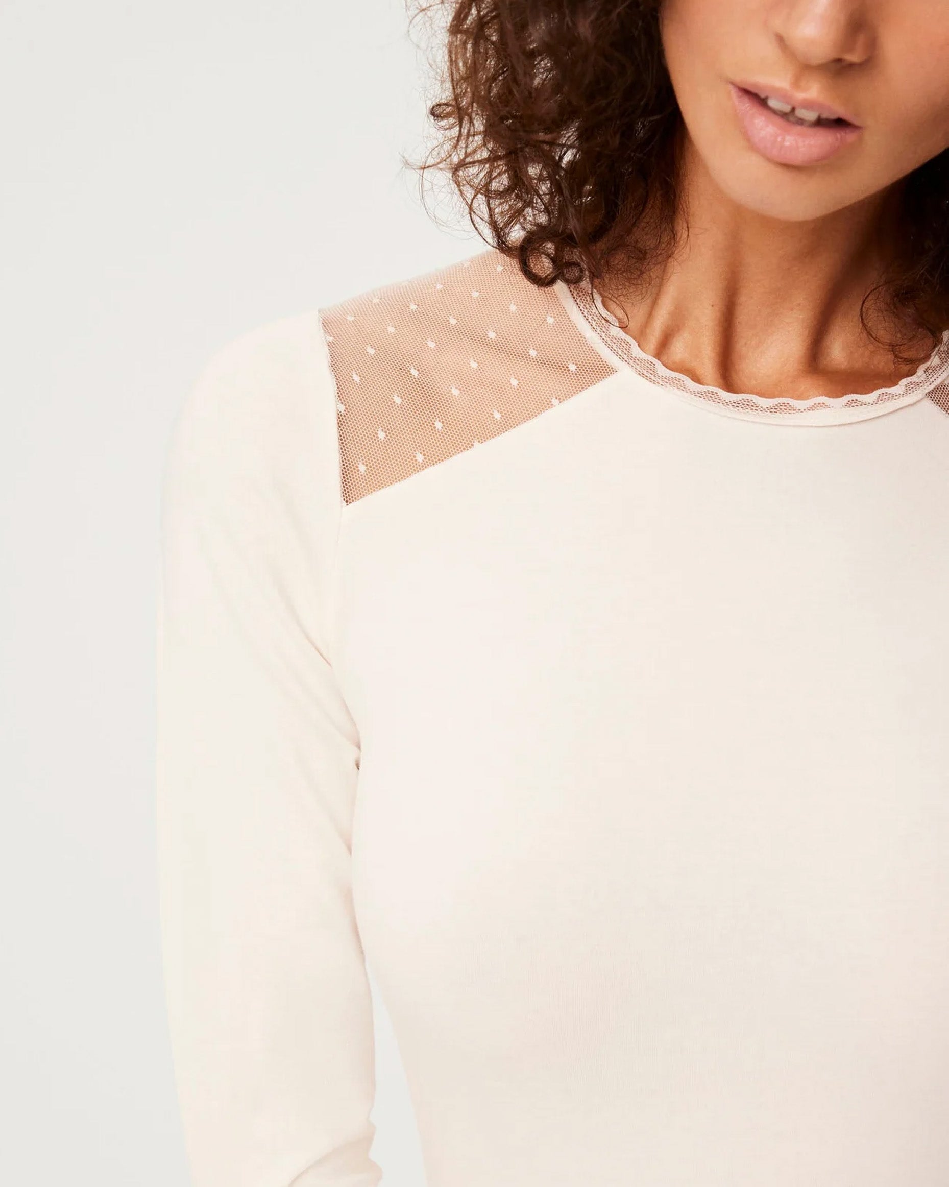 Ysabel Mora 19537 Tulle Shoulder Top - Cream soft and light long sleeved cotton top with sheer spot pattern mesh panels on the shoulders and scalloped crew neck trim.