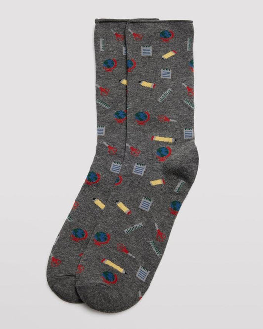 Ysabel Mora 22160 Teacher Sock - Men's dark grey cotton crew ankle socks with an all over school themed pattern of globes, pencils, rulers and scissors with no cuff roll top anti-pressure edge.