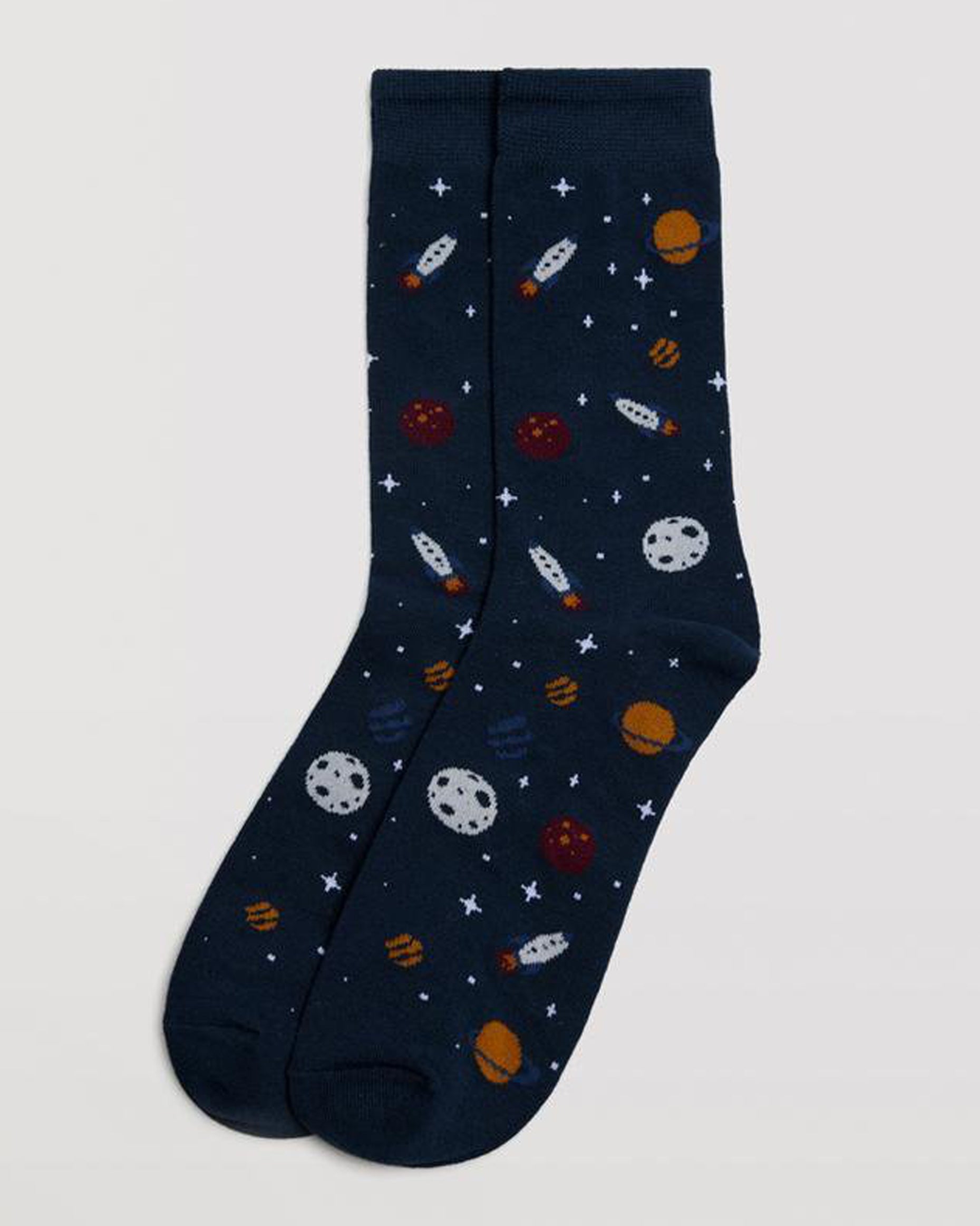 Ysabel Mora 22876 Space Socks - Men's navy cotton mix crew length ankle socks with a space themed pattern of planets, stars, moons and rockets.