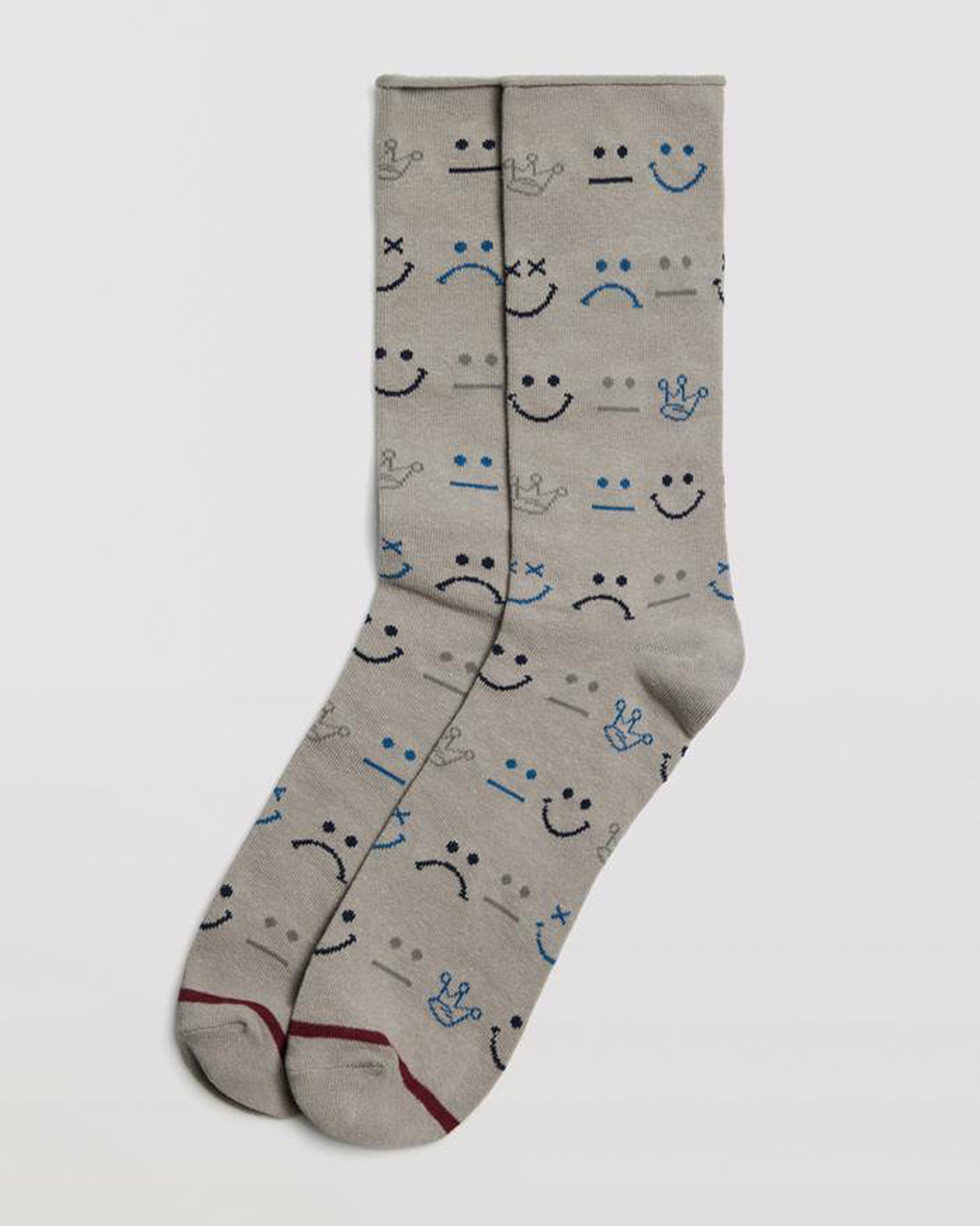 Ysabel Mora 22878 Face Sock - Light grey cotton mix crew length no cuff ankle socks with an all over assorted doodle faces and crown pattern in blue, black and grey with a wine stripe on the toe.