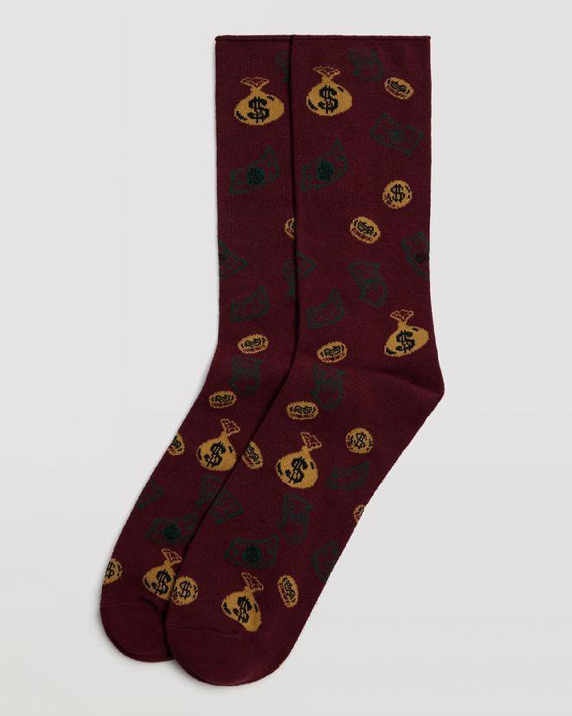 Ysabel Mora 22881 Money Socks - Wine cotton mix crew length ankle socks with a money themed pattern of coins, bags of cash with dollar signs and bank notes.