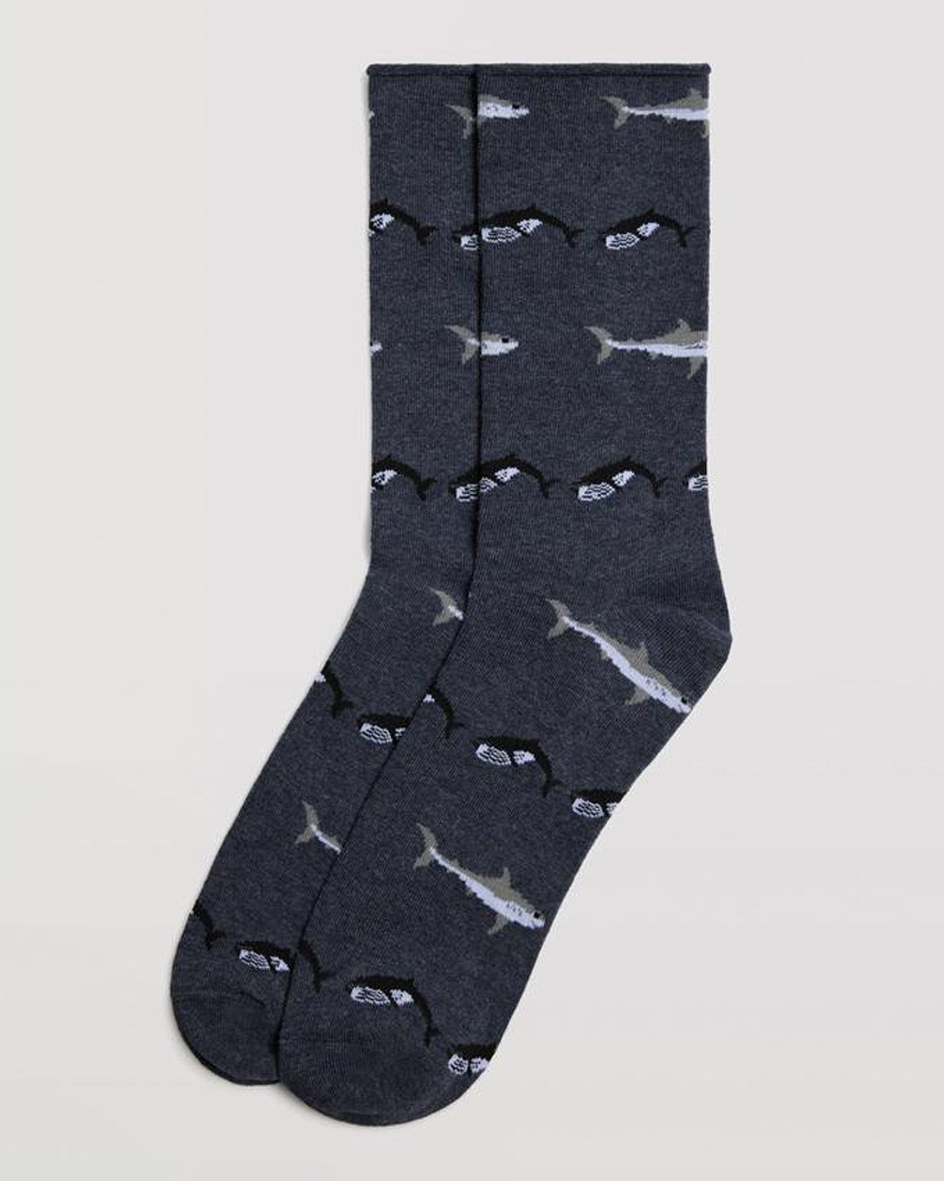 Ysabel Mora 22881 Shark Socks - Denim blue no cuff cotton mix crew length ankle socks with wales and sharks pattern.