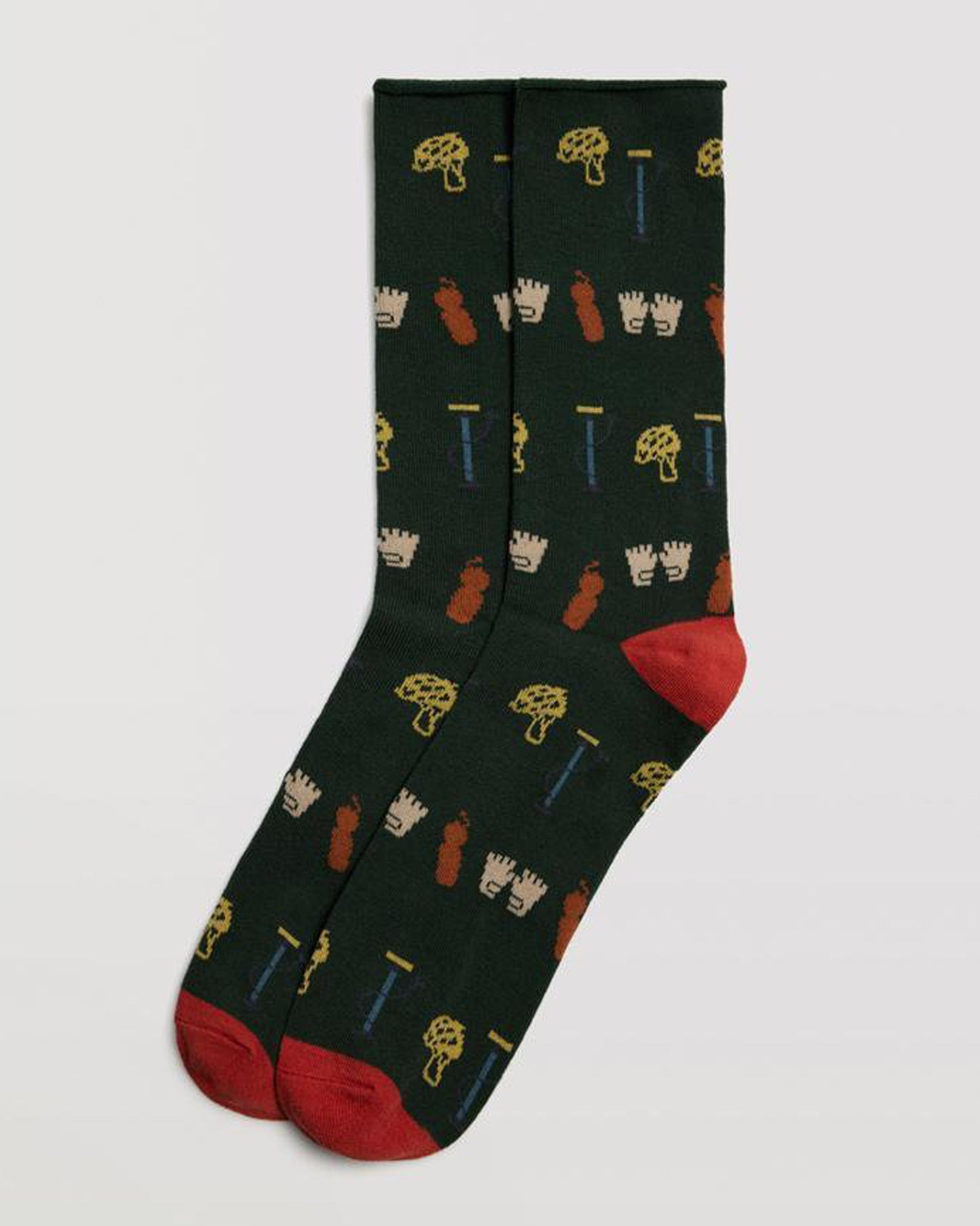 Ysabel Mora 22882 Cycling Socks - Dark green cotton mix crew length no cuff ankle socks with an all over cycling themed pattern made up of bicycle pump, helmet, gloves and water bottle in yellow, rust, blue and cream, red heel and toe.