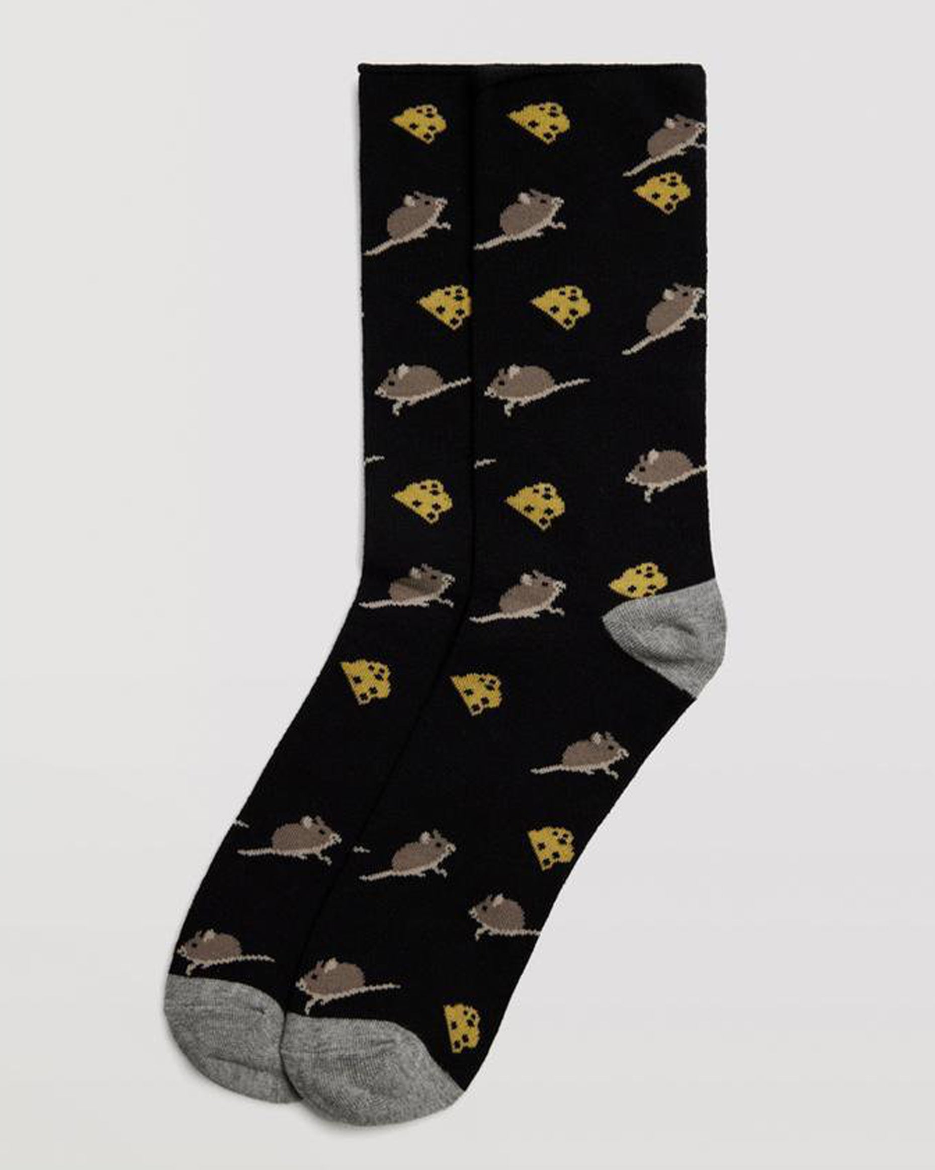 Ysabel Mora 22882 Mouse Sock - Black cotton mix crew length ankle socks with a mouse and cheese pattern in shades of brown and yellow, grey heel and toe.
