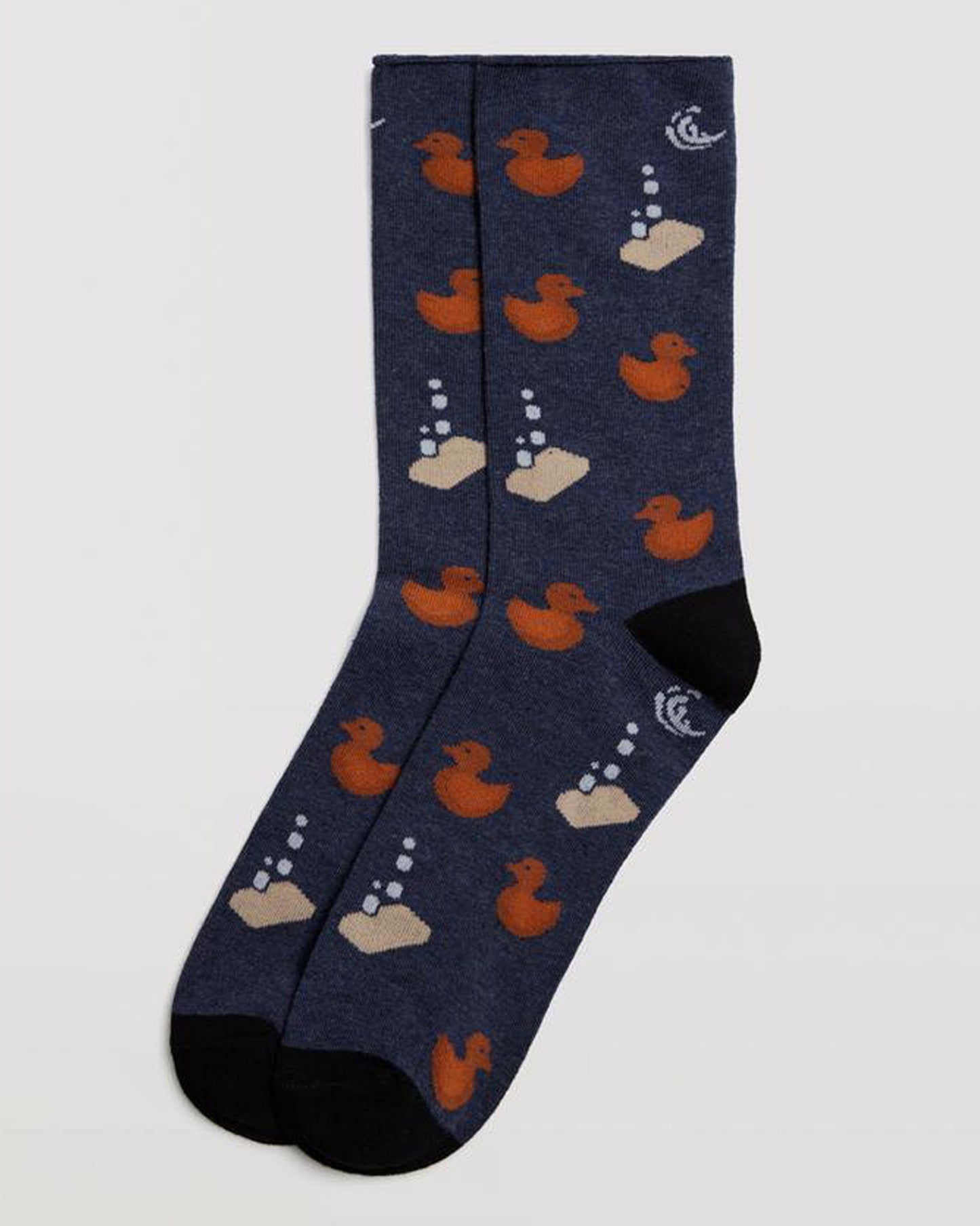 Ysabel Mora 22882 Rubber Duck Sock - Denim blue cotton mix crew length ankle socks with a rusty orange rubber duck and sudsy soap pattern, black heel and toe and no cuff comfort top.
