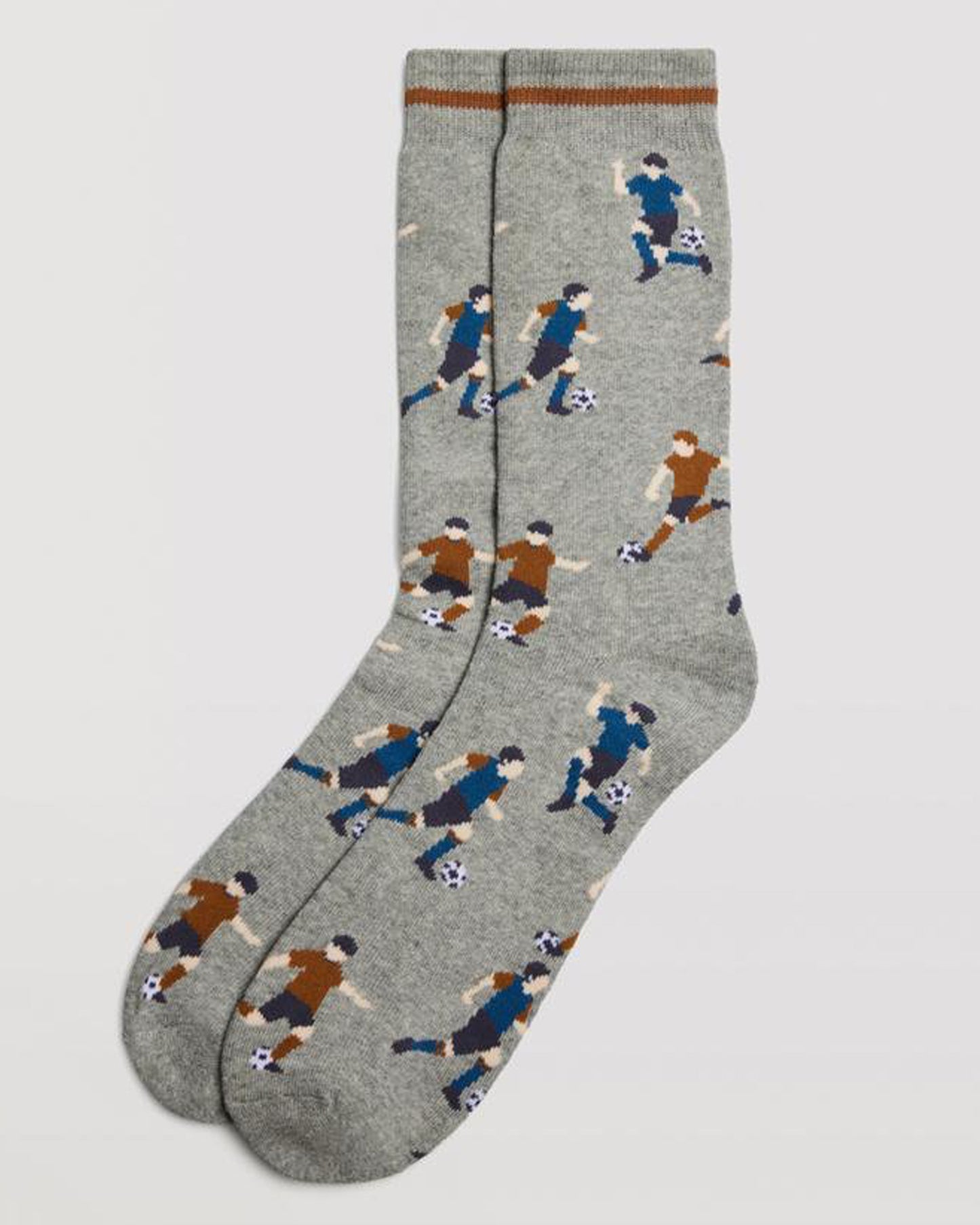 Ysabel Mora 22883 Football Socks - Light grey cotton socks with a warm thick terry lining, football players pattern in shades of blue and rust and a rust stripe on the cuff.